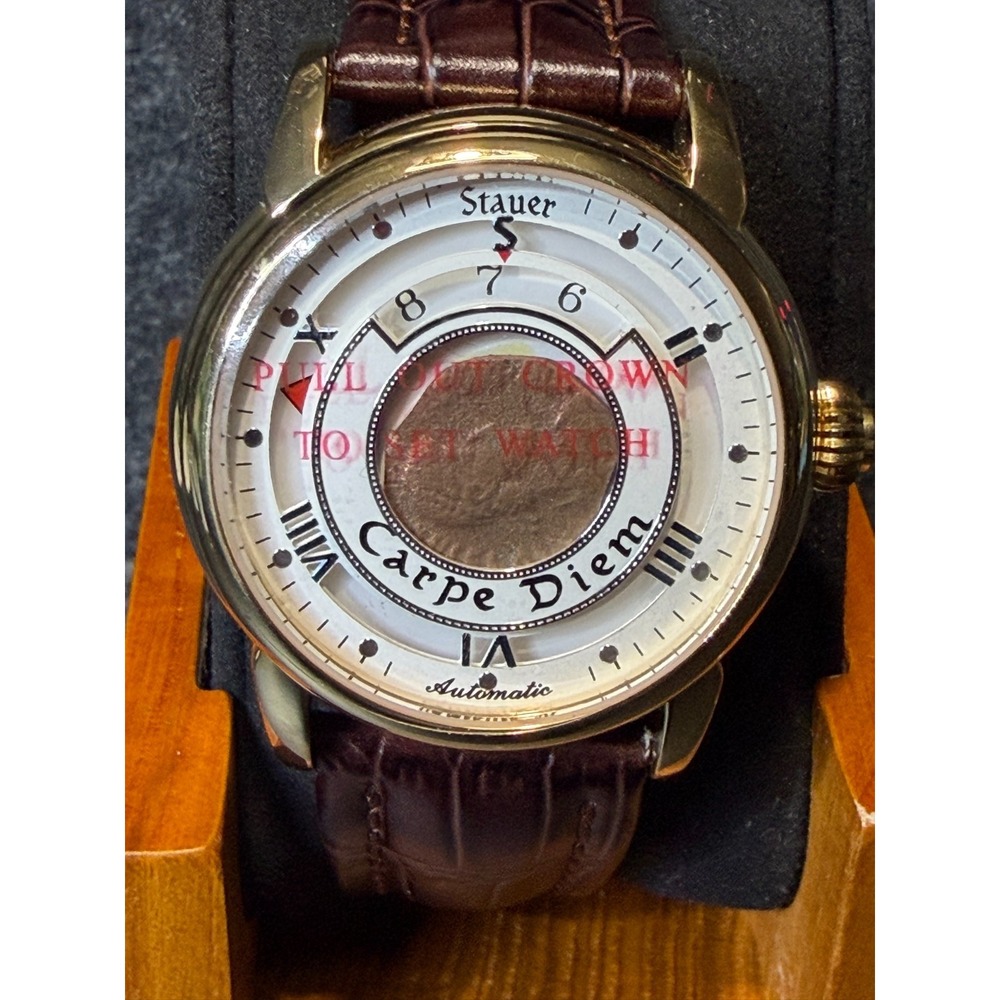 Stauer Carpe Diem Roman Coin 19258 Mens Automatic Watch Gold 41mm Box Manual